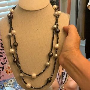 Elegant Pearl and Black Beaded Necklace